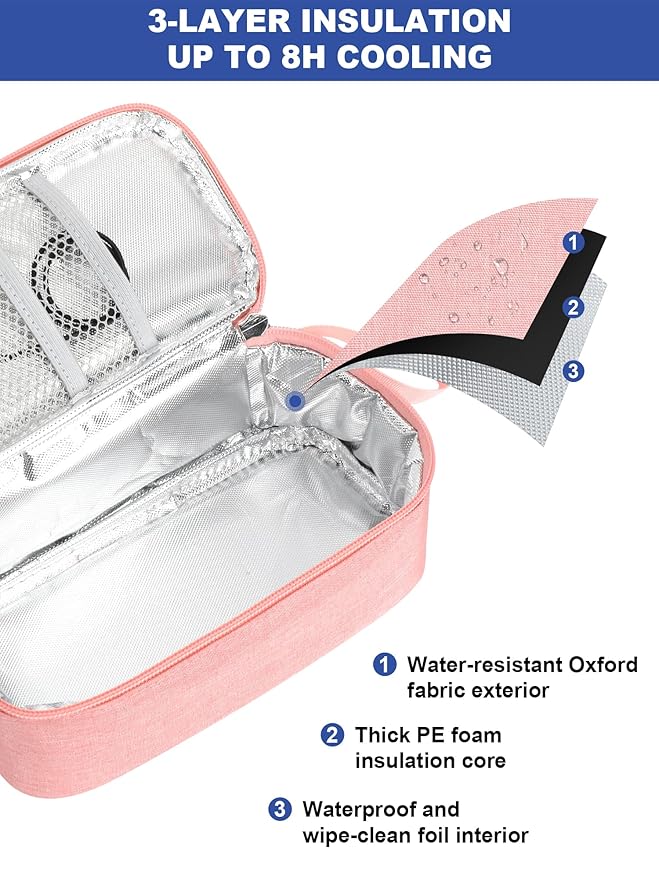 YOUSHARES Breastmilk Cooler Travel Bag with Digital Thermometer, Small Insulated Baby Milk Storage with 2 Ice Packs, Daycare and On-The-Go Moms (Pink)