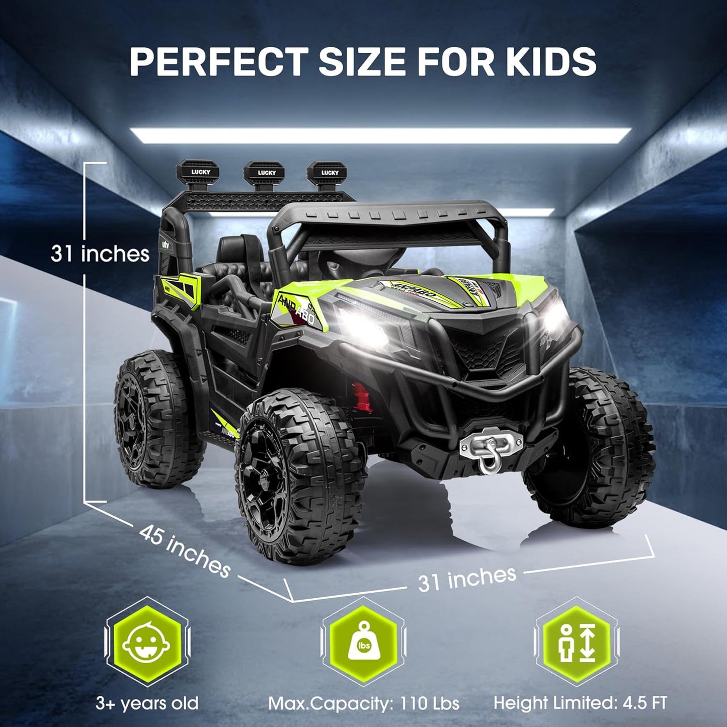 ANPABO 24V 4WD Ride on Car Truck w/Remote Control, 2WD/4WD Switchable Kids UTV, 4 Shock Absorbers, 19" Spacious Seat, Soft Start, Music Player, Electric Car for Kids