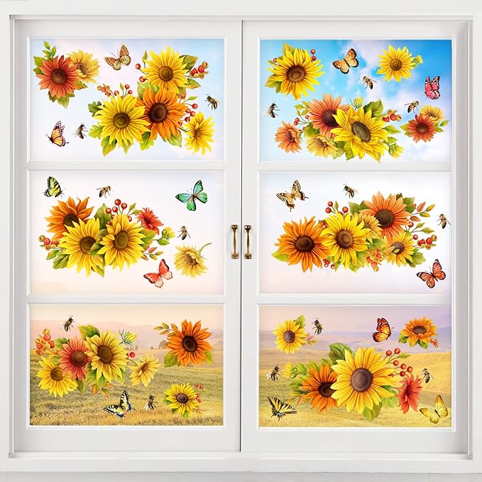 Sunflower Butterfly Window Clings Fall Window Decorations | Large-Size Clings for Glass Double-Sides Window Stickers for Glass Home Bedroom Nursery Room Windo Decals 44 Pcs in Total