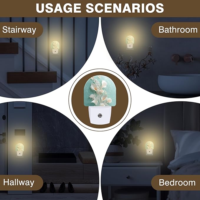 Night Light, White Calla Lilies and Butterflies Night Lights Plug into Wall Dusk to Dawn Sensor Round Nightlight for Women Men Energy Efficient Led Lamp 0.5W for Stairway Hallway Bedroom