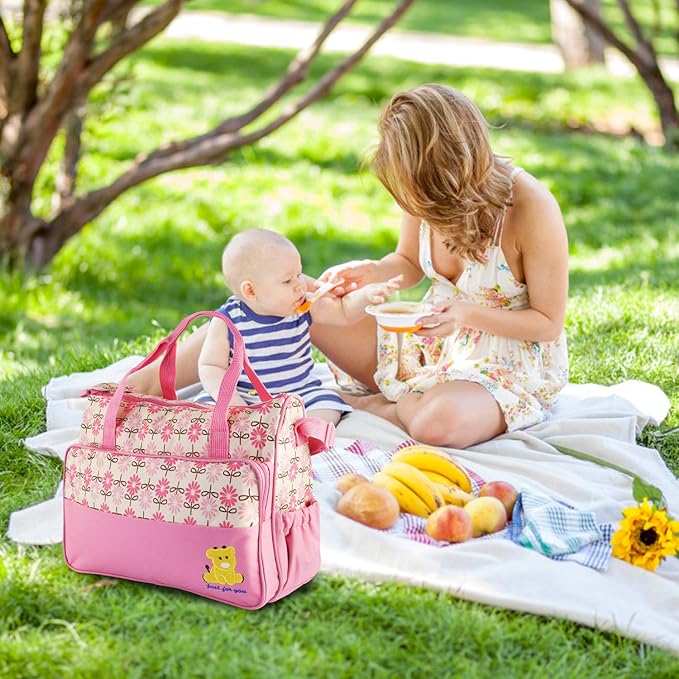 5PCS Diaper Bag Tote Set for Baby Essentials – Large Baby Bags for Mom, Waterproof Maternity Bags with Bottle Bag, Food Bag & Changing Pad (Pink)