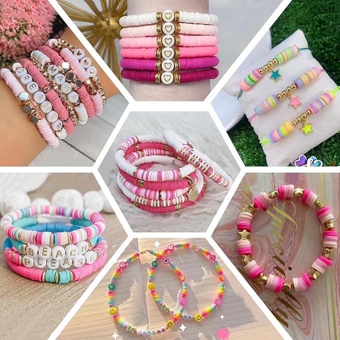 4000pcs Pink Clay Beads for Bracelets Making Kit, 6mm Heishi Polymer Flat Round Disc Clay Beads for Jewelry Making Pink