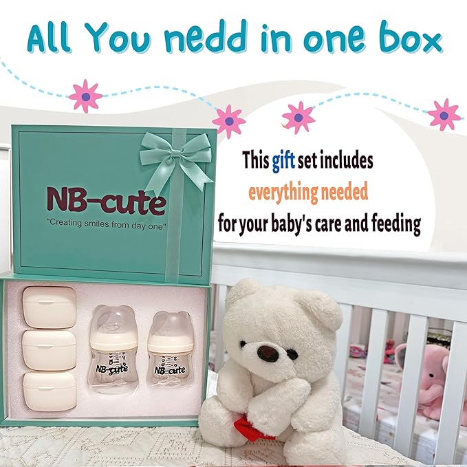 Glass Baby Bottles Anti Colic Set 2 Pack 3oz and 6oz BPA Free Heat Resistant Borosilicate Glass with 3 Silicone Nipples Wide Neck Gift Box Baby Shower Easy to Sterilize for Newborn Infant 0-9 Months