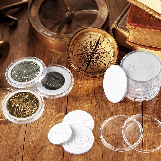 10PCS Clear Coin Capsules, Silver Dollar Coin Holder, Coin Holders for Collectors, Plastic Coin Case with Adjustable Gasket & Organizer Box for Morgan Silver Dollar | 16/20/25/27/30/33/38/46mm