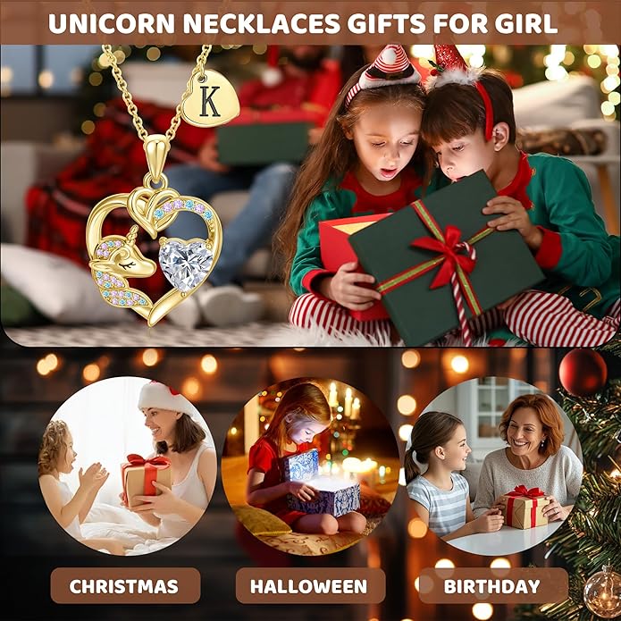 C-leen Unicorn Gifts for Girls Kids - Colorful CZ Heart Initial Necklaces Unicorn Necklace for Girls Jewelry Christmas Birthday Gifts for Little Girl