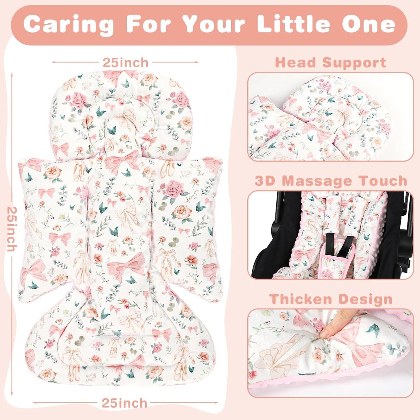3-in-1 Infant Car Seat Insert, Soft Head and Body Support,Ultra & Strap Covers Set, Reversible Newborn Car Seat Cushion Pad for Baby Boy & Girl fits Stroller, Swing, Bouncer (Pink Bow)