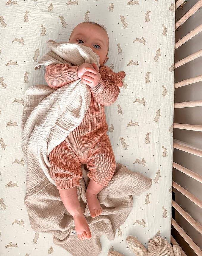 Mini Crib Sheets for Baby Boy Girl 2 Pack, Neutral Mini Crib Mattress Sheet 24" x 38", Muslin Nursery Bedding Soft and Breathable Comfort (Hopping Bunnies & Beige)