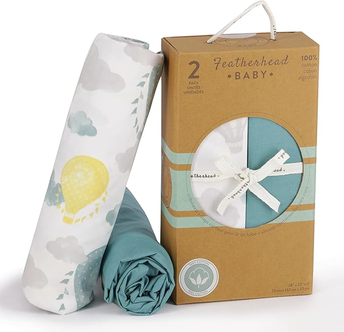 Featherhead™ 2-Pack Fitted Crib Sheets - 100% Cotton - 52" x 28" x 9" for Standard Crib and Toddler Mattress (Percale Green Balloons)