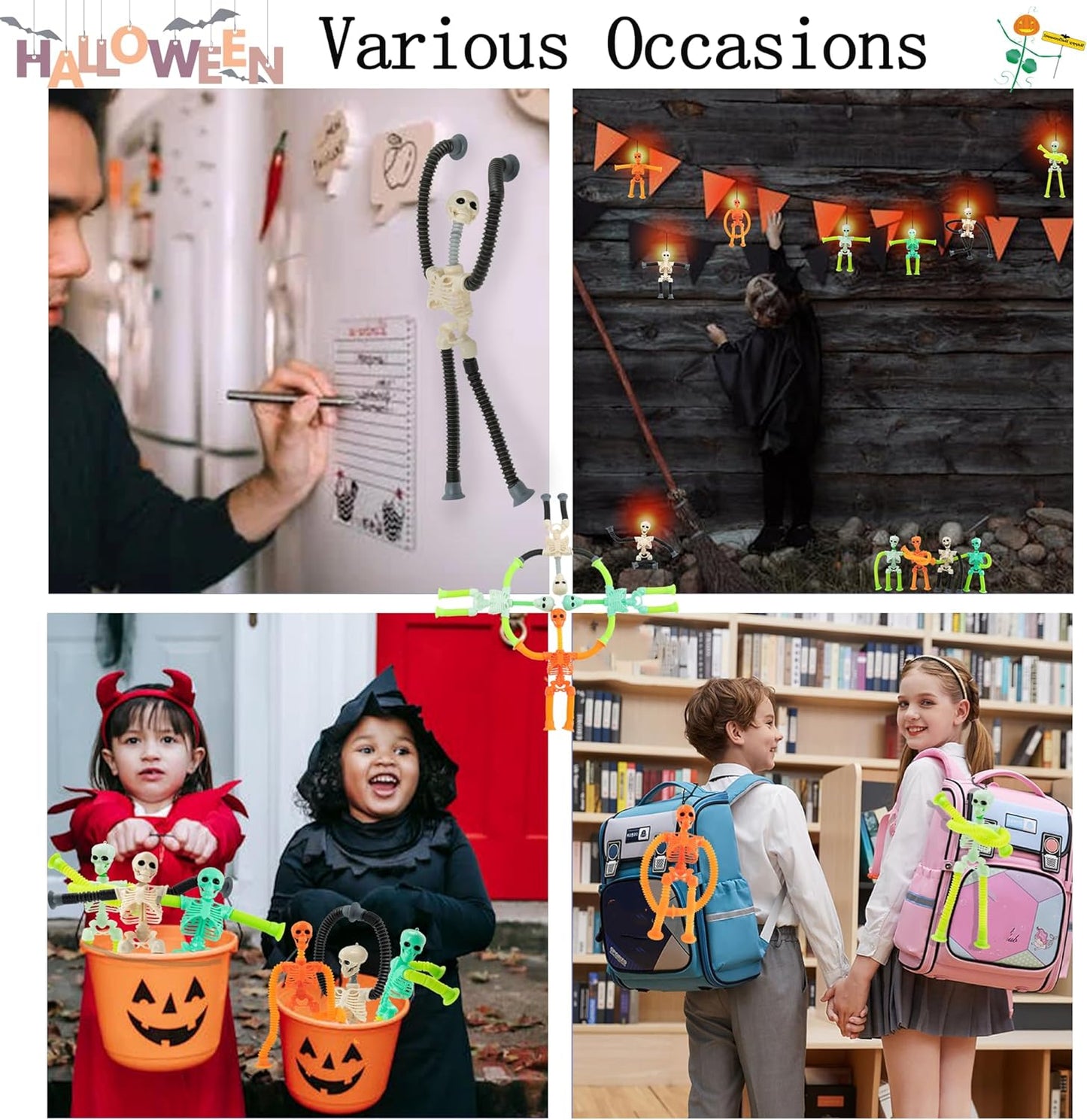 4PCS&4 Color Telescopic Suction Cup Skeleton Toys, Shape Changing Telescopic Pop Tube Halloween Skeleton Fidget Toys, Skeleton Action Figure for Halloween Party Favors Kids Toddler Gift