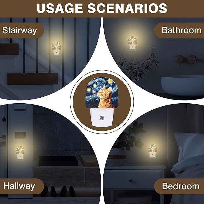 Starry Night Night Light, Orange Cat Night Lights Plug into Wall Dusk to Dawn Sensor Round Nightlight for Women Men Energy Efficient Led Lamp 0.5W for Stairway Hallway Bedroom