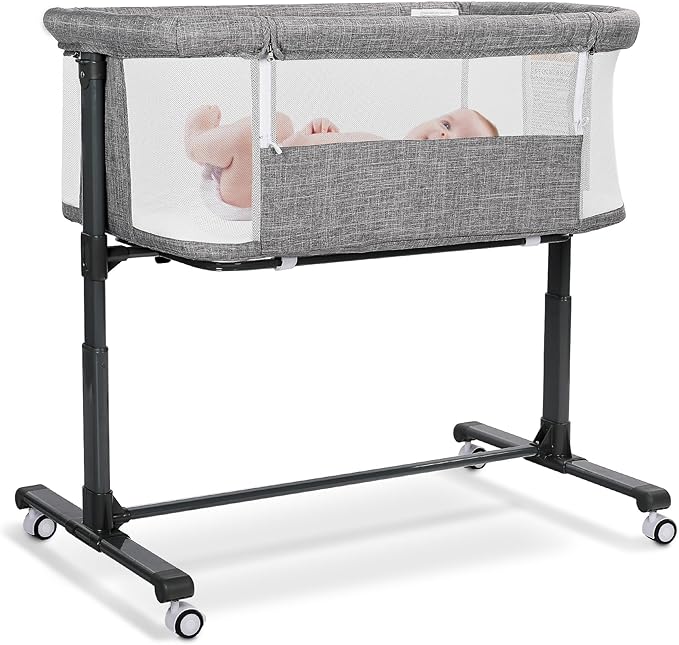Baby Bassinet Bedside Sleeper, 2 in 1 Folding Portable Newborn Bedside Sleeper, All-Sided Mesh Infant Travel Crib for Toddlers, 6 Adjustable Height, with 4 Wheels, Grey