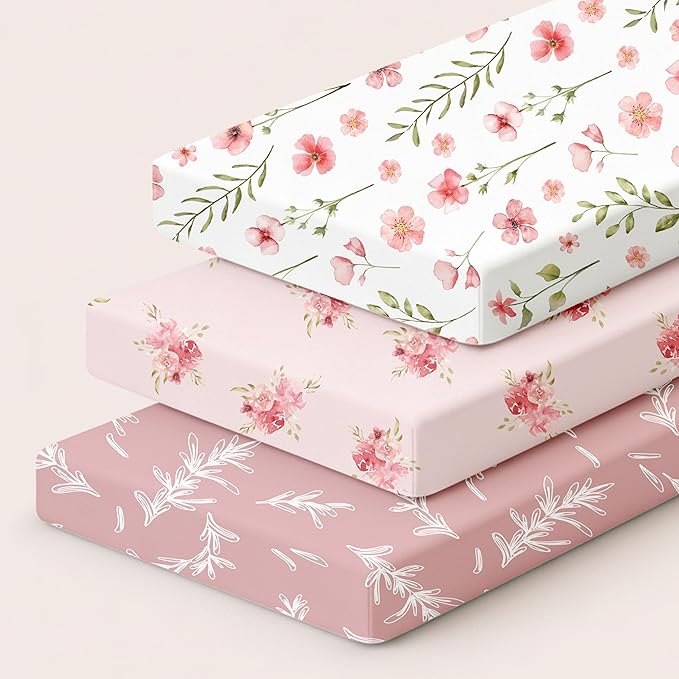 Baby Delight Bassinet Sheets 33x20 for Newton,Airclub,Maxi COSI,Angelbliss,Dream on Me,Mika,Harppa,Amke,ezebaby Rectangle Bassinet Mattress - Pink Floral 3 Pack Girl
