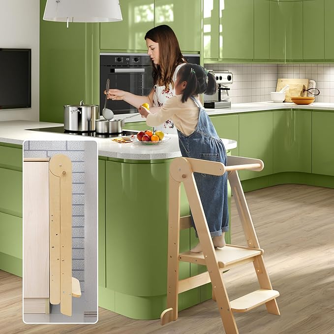 Foldable Toddler Tower 95% Preassembled Kitchen Stool Helper Folding Step Stool for Kids with 3 Adjustable Height Montessori Toddler Standing Tower for Kitchen Counter Sink Natural