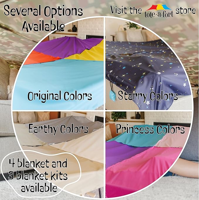 Tote a Fort Camo Blanket Fort Building Kit for Kids, 4 Blanket TOTEAFORT Toy, Make a Portable Playhouse, Play Tent Boy and Girl Indoor Outdoor Build Set, STEM Children Toy, Ages 4, 8, 12 +