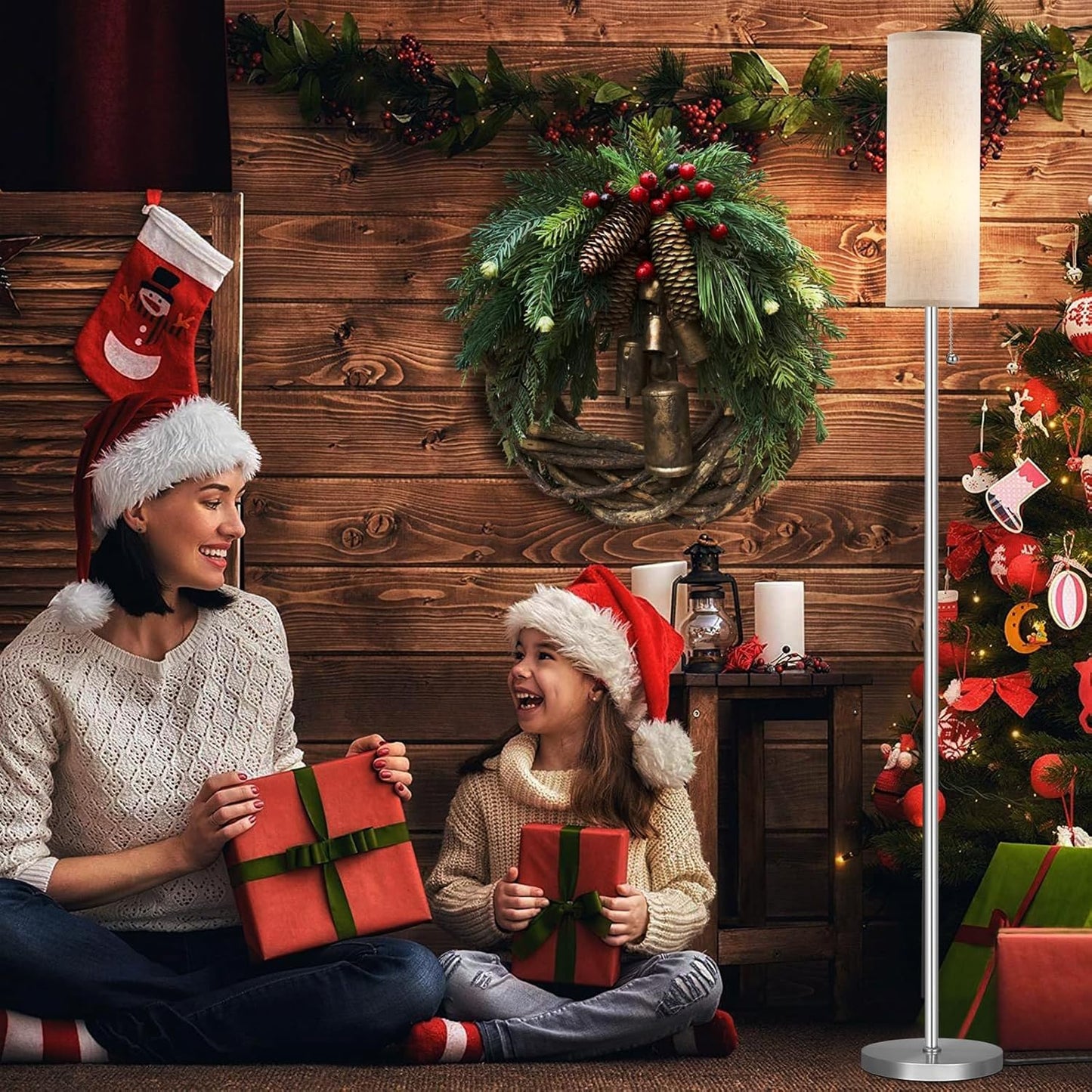 Ambimall Floor Lamp for Living Room with 3 Color Temperatures Bulb, 64" Standing lamp with Linen lampshade for Bedroom, Minimalist Pole Lamp, Beige Shade & Silver Pole