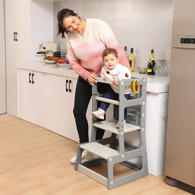 SDADI Adjustable Height Kids Kitchen Step Stool with Removable Safety Rails and Anti-Slip Protection- Toddler Standing Tower with with Ring Toss for Learning and Playing (Dark Grey and Light Grey)