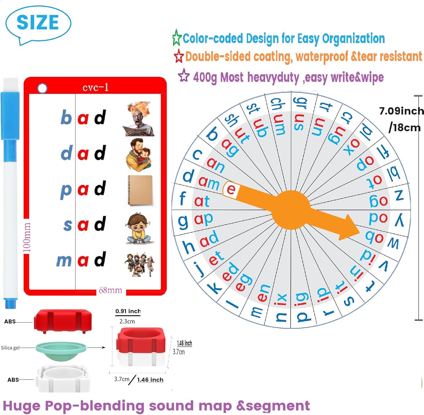 Interactive Reading & Phonics Toy, 570 Words & 4 Levels(CVC, CVCC, CCVC, Long Vowel) word family Handwritten FlashCard,Wheel design phonics disk, Word Pop Segment Blocks & Blend Sound,Preschool to 3rd