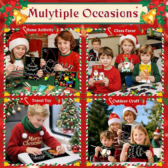 12 Pack Christmas Scratch Art Party Favors for Kids - Rainbow Scratch Paper with Christmas Scratch Off Cards Easter Birthday Goodie Bags Stuffers - Winter Holiday Gifts DIY Classroom Prizes