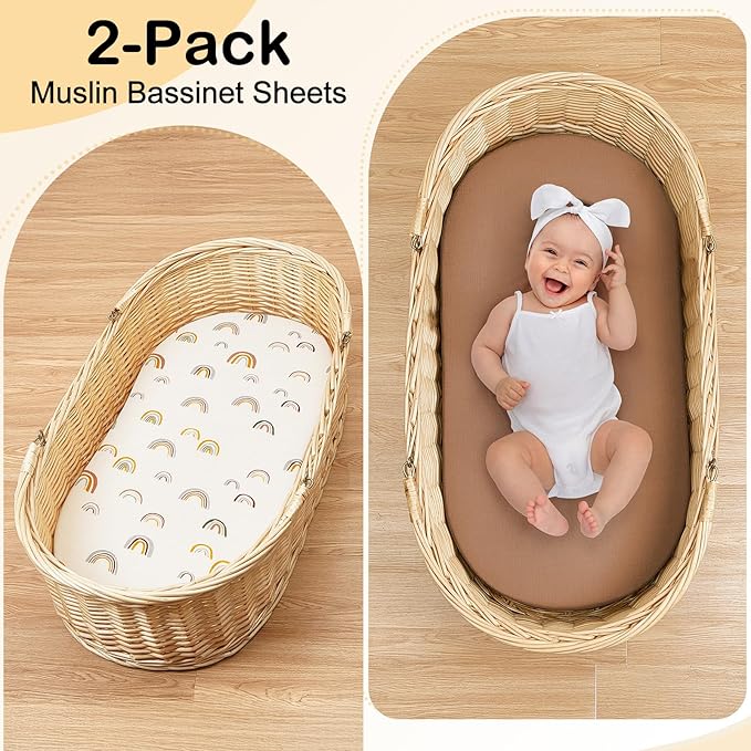 Baby Bassinet Sheets TPU Waterproof 2 Pack Soft Muslin Bedside Bassinet Mattress Sheets with Bottom Elastic Band for Baby Boy Girls Unisex Fit Hourglass Oval and Rectangle, White Rainbow