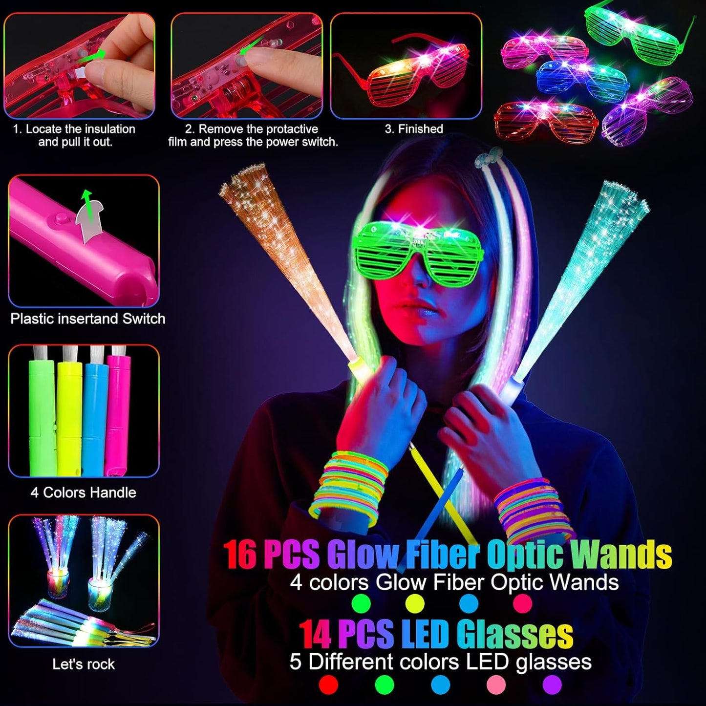 148 PCS Glow in the Dark Party Supplies, 16 PCS Glow Fiber Optic Wands, 14 PCS LED Glasses, 100 PCS Glow Sticks and 18 PCS LED Hair Clips Fiber Optic for Glow Party, Wedding, Concert, Birthday