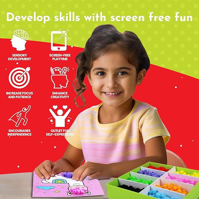 Kalakaram Pom Pom Picasso DIY Art & Craft Kit โ Mess-Free Creative Activity for Kids, Pom Pom Craft & Activities, Gifts for Girls & Boys Ages 4, 5, 6, 7, 8, 9, Fun DIY Craft Kits for Children