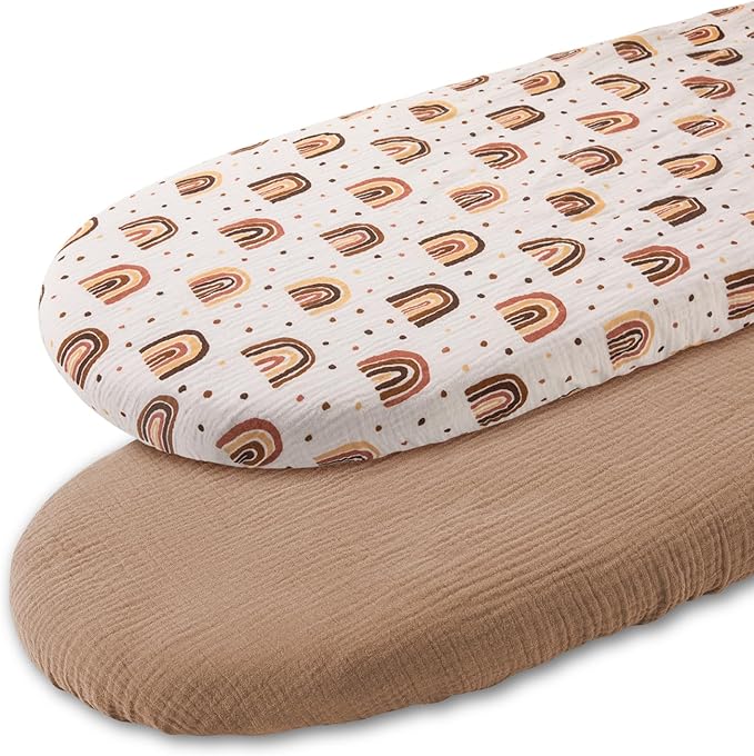 Muslin Bassinet Fitted Sheets, 2 Pack for Baby Boy and Girl, Soft Breathable Stretchy Baby Pad/Mattress Sheet Set, Universal Fit for Hourglass Oval and Rectangle Bassinet Mattress (Cute Rainbow)