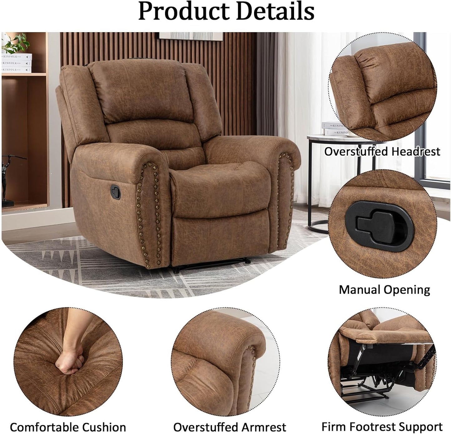 CANMOV Leather Recliner Chair, Classic Breathable Manual Recliner Chair with Comfortable Arm and Back Single Sofa for Living Room, Camel