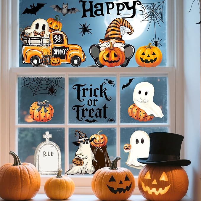 Halloween Window Clings,Double-Sided Reusable Window Decals,Vintage Ghost Pumpkin Bat Stickers for Glass Windows,Home Shop Glass Decorations,9 Sheets