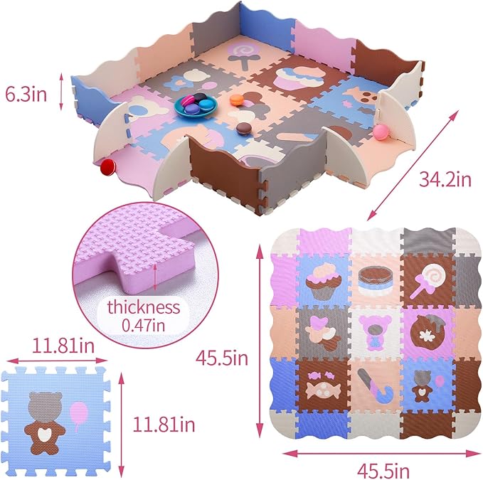 Coolcandy Baby Play Mat, 25Pcs Interlocking Puzzle Floor Mat, with Safety Fence - 0.4" Thick Non-Toxic EVA Foam Play Mat, for Infants & Toddlers 3-36 Months, Soft Puzzle Tiles for Play Areas