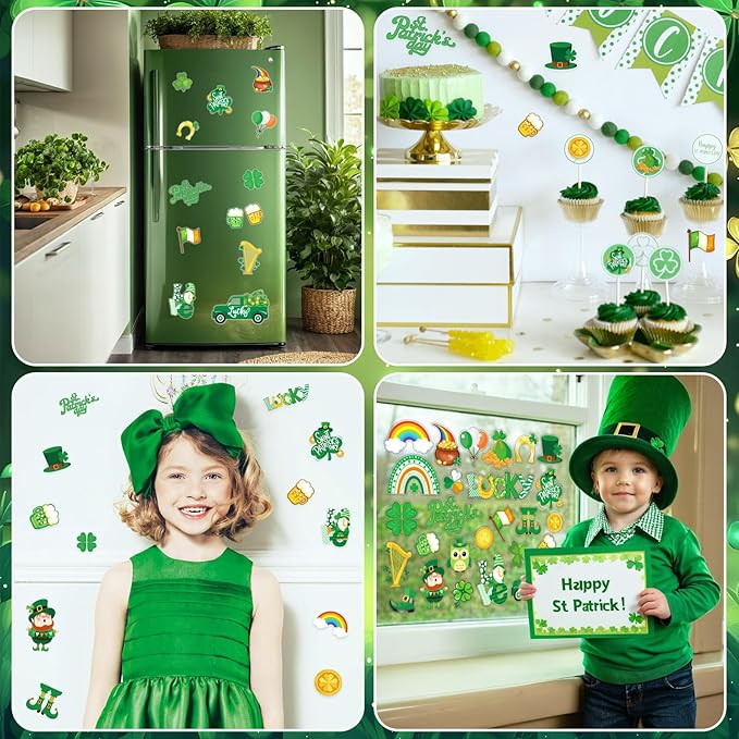 MARFOREVER 50 PCS St. Patrick's Day Gel Window Clings Stickers Reusable Green Shamrock Thick Gel Clings Decals for Spring Irish St Patrick's Day Kids Toddlers Classroom Party Window Glass Decoration