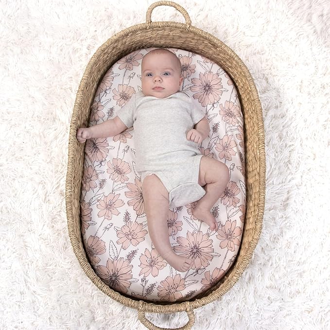 The Peanutshell Baby Organic Bassinet Sheets 4-Pack Unisex - Soft, Oval & Rectangle Baby Girls or Boys Sheet, 100% Jersey Cotton, Fitted Covers for Crib, Halo Bassinet Mattress - Cottage Floral