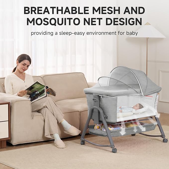 Real Relax Baby Bassinet Bedside Sleeper, 3 in 1 Bedside Rocking Bassinet for Baby with 6 Adjustable Height, Breathable Mesh Sides & Mattress, Storage Basket, Mosquito Nets, Easy to Fold, Grey