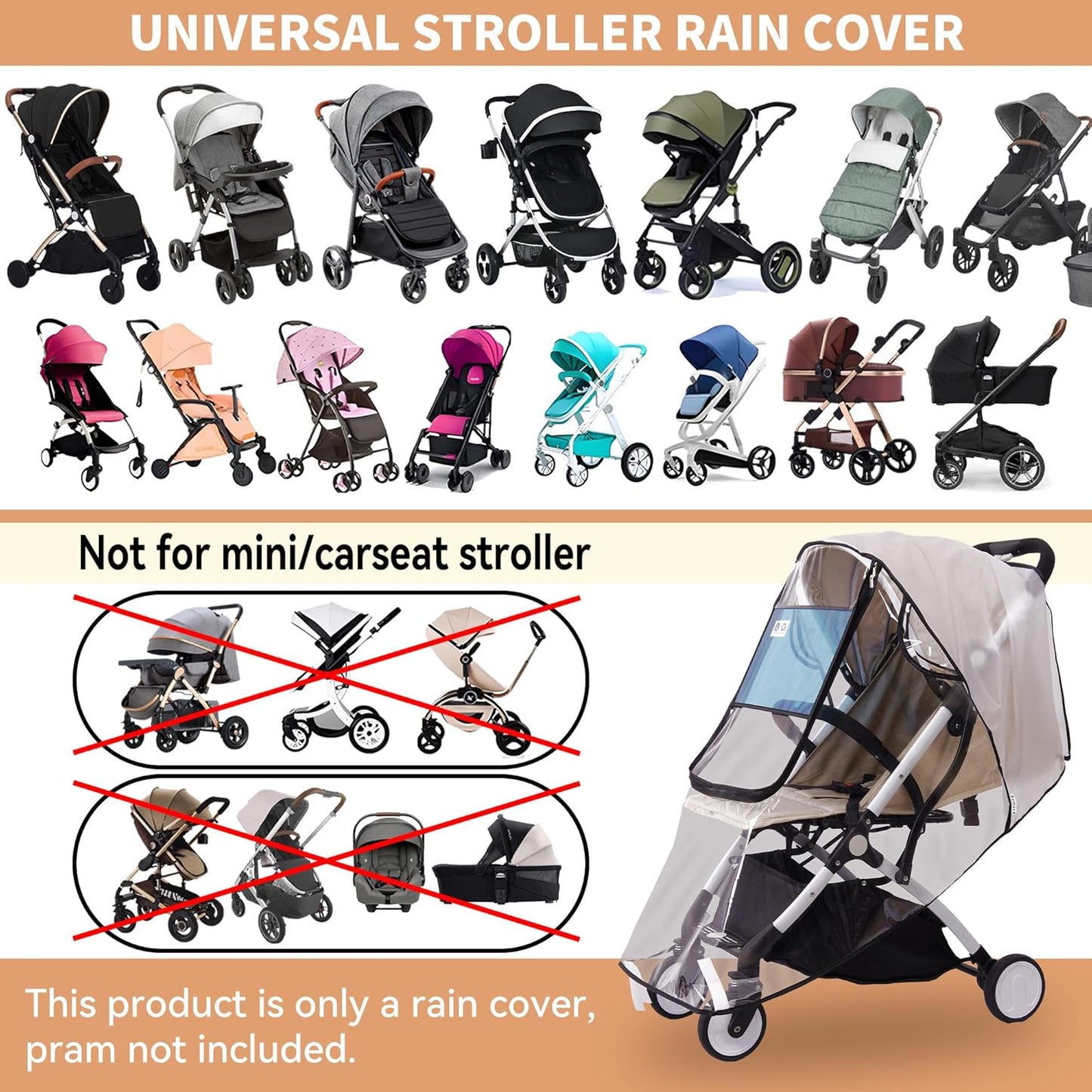 Bemece Stroller Rain Cover Universal Stroller, Travel Weather Shield Windproof and Waterproof Protect from Dust and Snow
