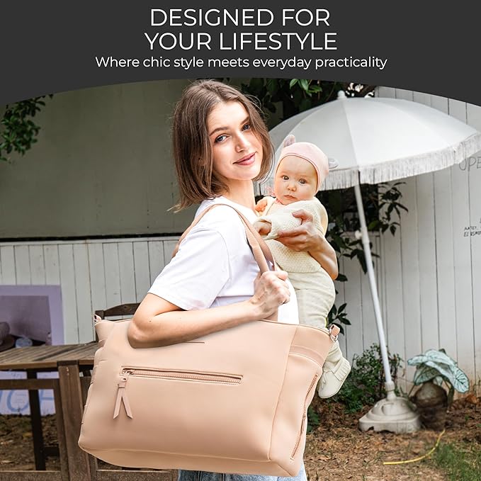 A + S Luxxe Diaper Bag Tote – Stylish, Large Baby Bag with Stroller Straps, Insulated Pockets, Changing Mat & Waterproof