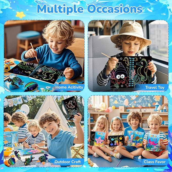 12 Pack Under the Sea Scratch Art Party Favors for Kids - Rainbow Scratch Paper with Ocean Animals Scratch Off Cards Easter Birthday Goodie Bags Stuffers - Return Gifts DIY Classroom Prizes