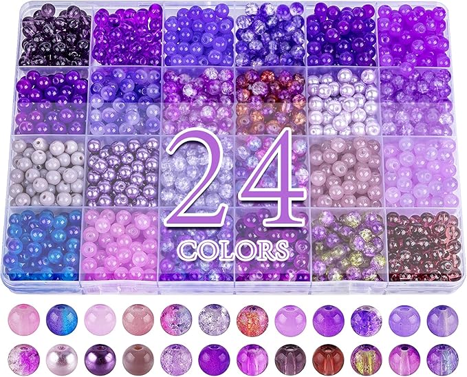 XSEINO About 1200PCS 6mm Glass Beads Bracelet Making Kit,24 Assorted Violet Elegant Series Colorful Crystal Beads for Bracelet and Jewelry Making and DIY Crafts,Friendship Bracelets