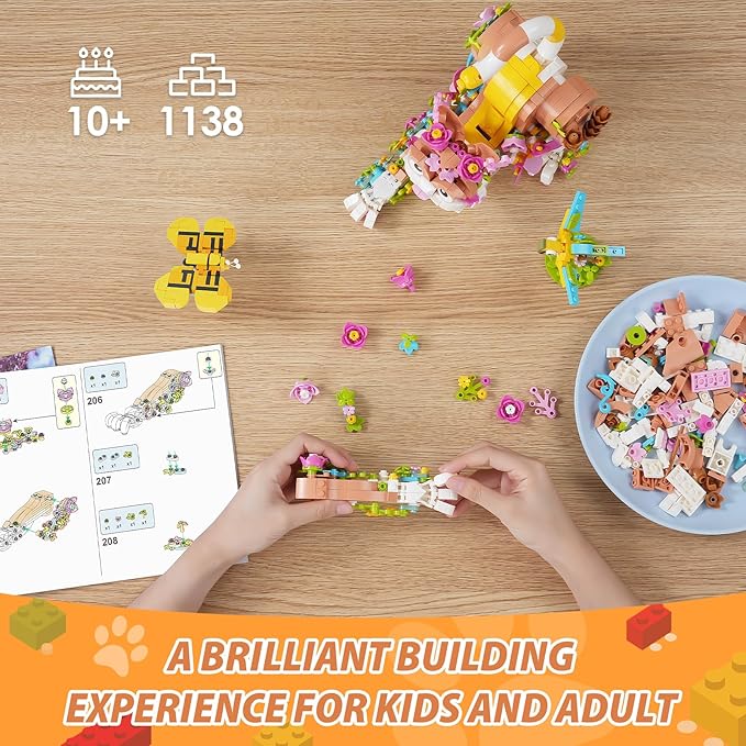 JOJO&Peach Cat and Flower Building Toy Set for Girls, Animals Plant Model Ideas Birthday for Women Adults Teens Age 8 9 10 11 12+ (1038 Pieces)