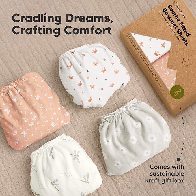 2-Pack Organic Bassinet Sheets for Girls, Boys - 100% Cotton Bassinet Mattress Sheets Compatible with Halo Bassinest Swivel Sleeper, Graco, Baby Delight, Chicco, Fitted Bassinet Sheets (Butterflies)