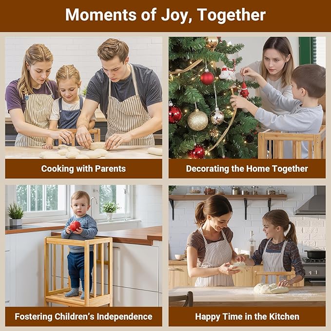 COSYLAND Toddler Step Stool Height Adjustable – Portable Kids Kitchen Stool Helper with Stabilizing Base Block – Toddler Standing Tower for Bathroom Kitchen Living Room Dining Room (Natural)