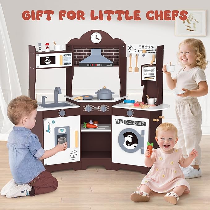 ANPABO Play Kitchen for Kids, Wooden Kitchen Playset w/Real Lights & Sounds, Coffee & Ice Maker, Microwave, Stove, 30Pcs Accessories Include Play Food, Pretend Play Set for Boys & Girls, Espresso