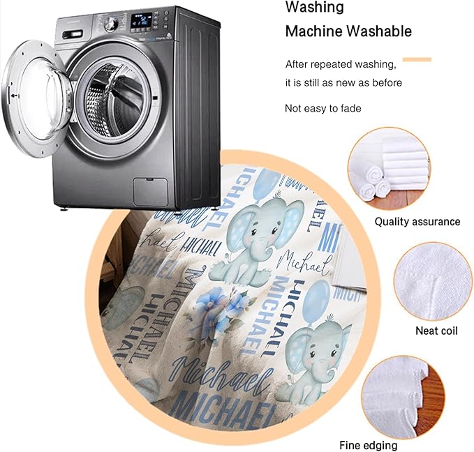 Personalized Baby Blanket for Girls Boys Kids Elephant Custom Baby Blanket with Name Throw Birthday Gift for Toddlers Infants Shower Newborns Nursery Stroller Crib Bed Decor