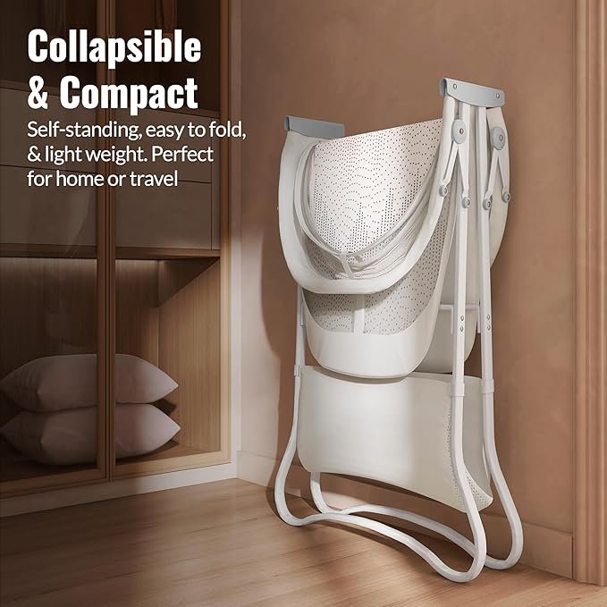Dream On Me Karley Bassinet in Dove White, Lightweight Portable Baby Bassinet, Quick Fold and Easy to Carry, Adjustable Double Canopy, Indoor and Outdoor Bassinet with Large Storage Basket.