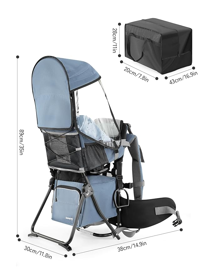 besrey Baby Backpack Carrier, Toddler Hiking Backpack with Safety 3-Height Seat, Adjustable Straps&Waist Belt, Foldable Frame Lightweight Large Capacity Child Carrier for Hiking (Haze Blue)