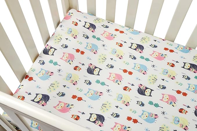Onacosht Pack n Play Fitted Sheets for Baby Girl 2 Pack Set Soft Jersey Knit Sheets for Mini Crib Mattress and Playard Mattress, Rabbit Floral and Owl Printing