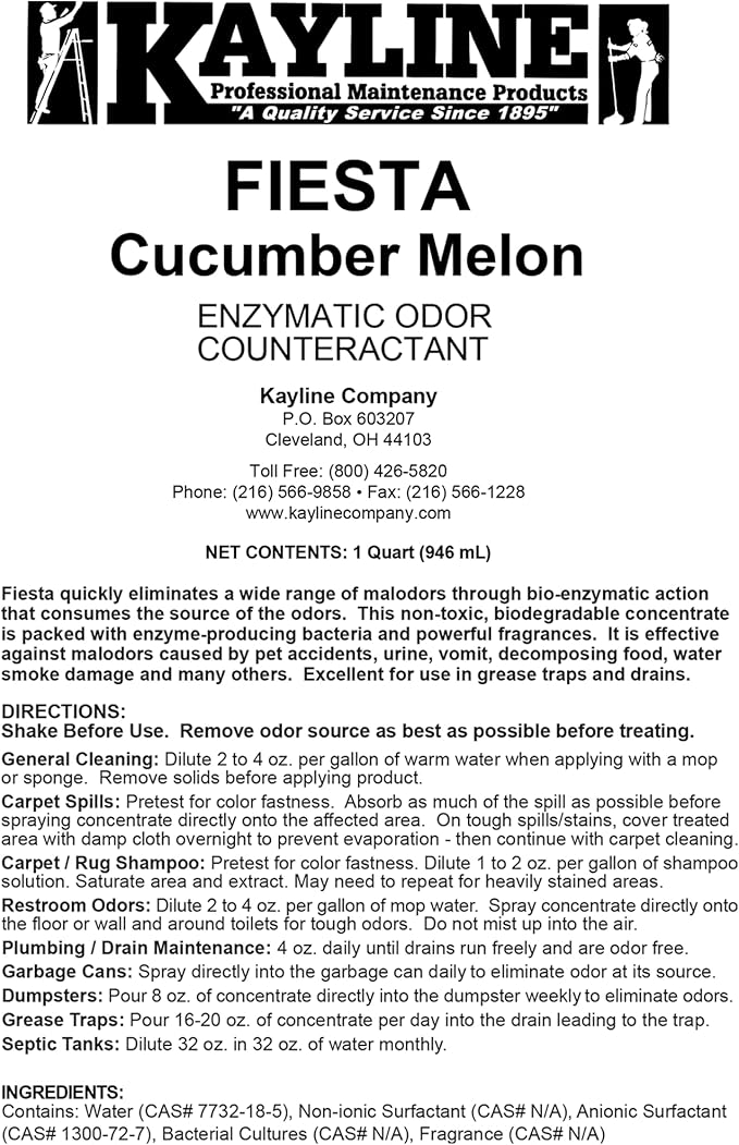 Kayline Fiesta Multi-Purpose Bio-Enzymatic Odor Eliminator for Trash Can, Carpet, Diaper Pail, and Pet Urine, 32 oz Pour or Spray Botttle, Cucumber Melon Scent