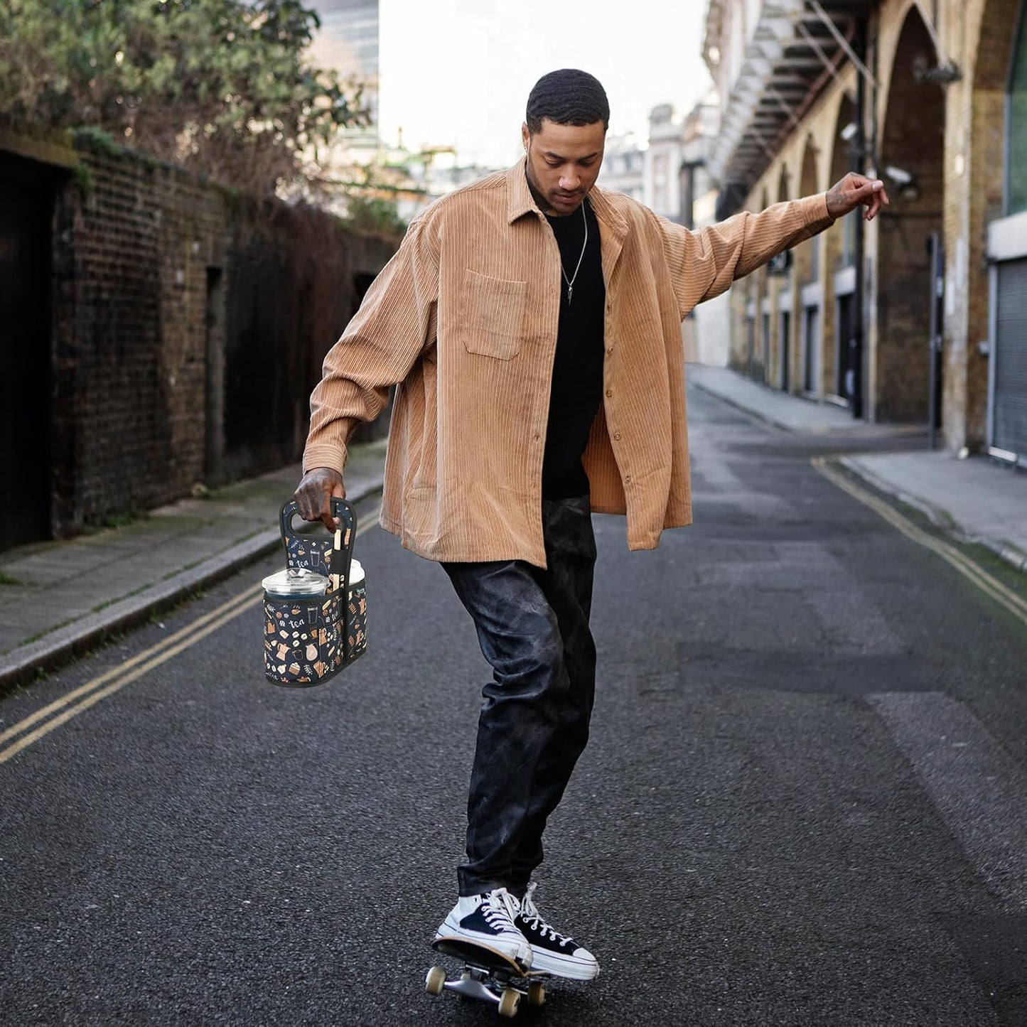 Beautyflier Drink Carrier with Handle for Delivery Reusable Insulated Coffee Cup Carrier Portable Cup Holder with Handle Organizer Tote Bag for Hot & Cold Drinks (2 Cup, Pattern3)