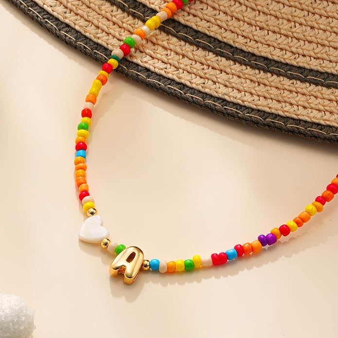 Colorful Initial Necklaces for Girls Women, 14K Gold Plated Bubble Initial Pendant Heart Shell Necklace Jewelry Christmas Gifts for Teen Girls Kids