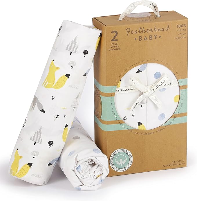 Featherhead™ 2-Pack Fitted Crib Sheets - 100% Cotton - 52" x 28" x 9" for Standard Crib and Toddler Mattress (Percale Blue Foxes)