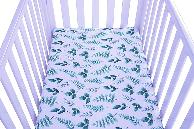 Onacosht Pack n Play Sheets 2 Pack for Baby Unisex, Stretchy Jersey Knitted Portable Mini Crib Sheets Playard Mattress Cover for Baby Boys and Girls, Watercolor Green Botanical Leaf