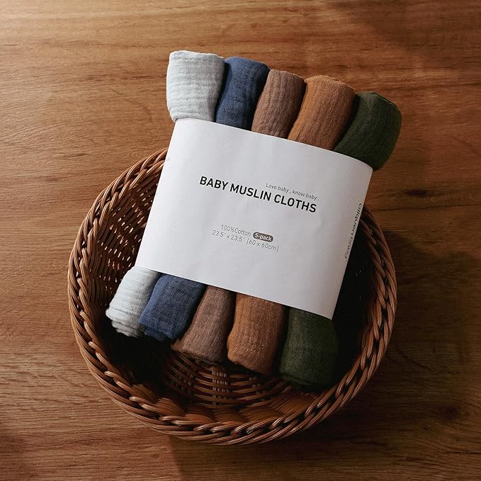 Muslin Receiving Blankets, Neutral Blanket Swaddling for Newborn Boys and Girls, 5 Pack Breathable and Skin-Friendly Swaddle Wrap for Infant Baby (Elegant Colors)